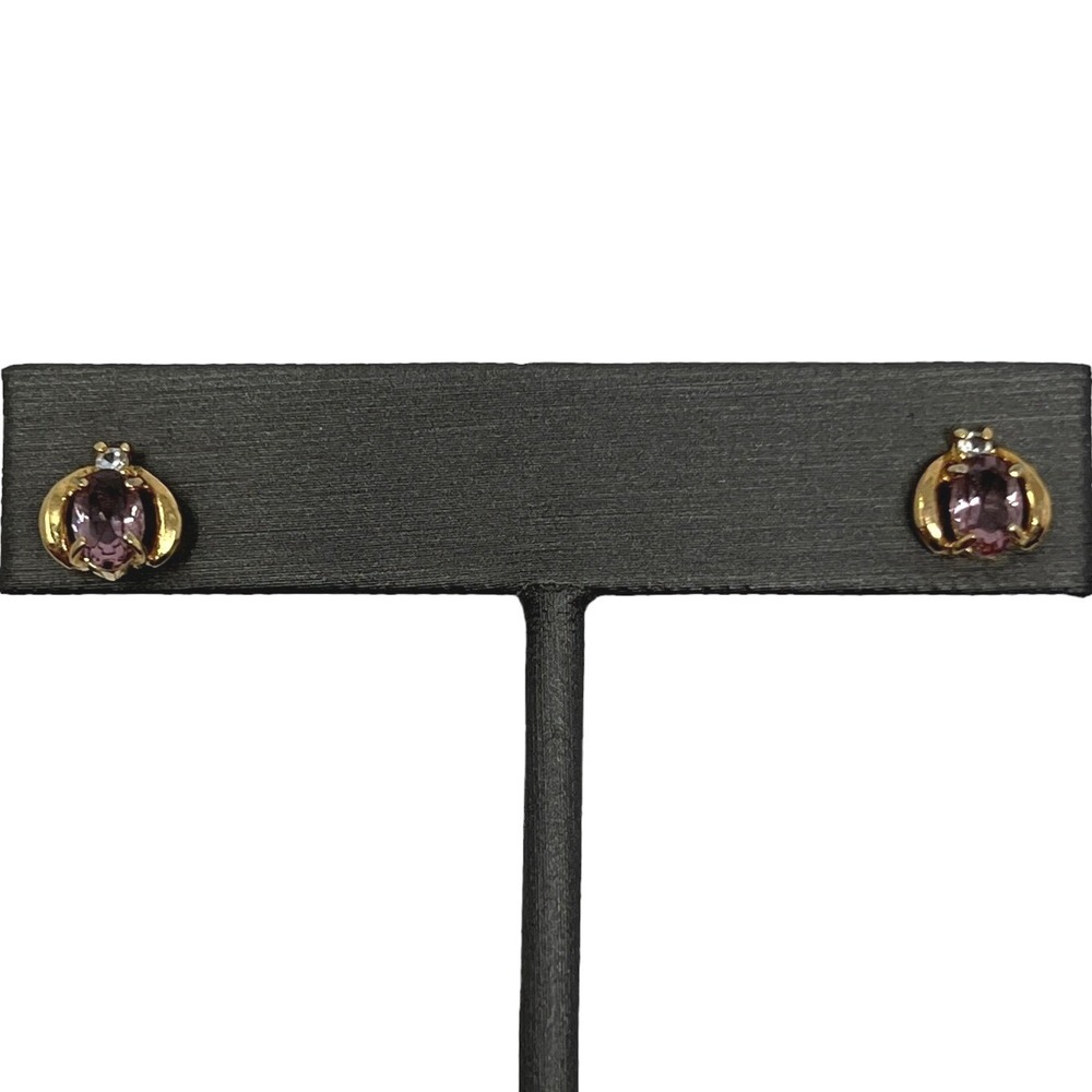 Stud Pierced Earrings Gold Tone Purple‎ and Clear Crystal Stones